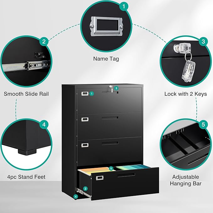 SISESOL 4 Drawer Lateral File Cabinet with Lock,Black Lateral Filing Cabinet,Horizontal Metal Filing Cabinets,Locked Wide Four Drawer File Cabinets for Office Home,Fit A4/F4/Letter/Legal File