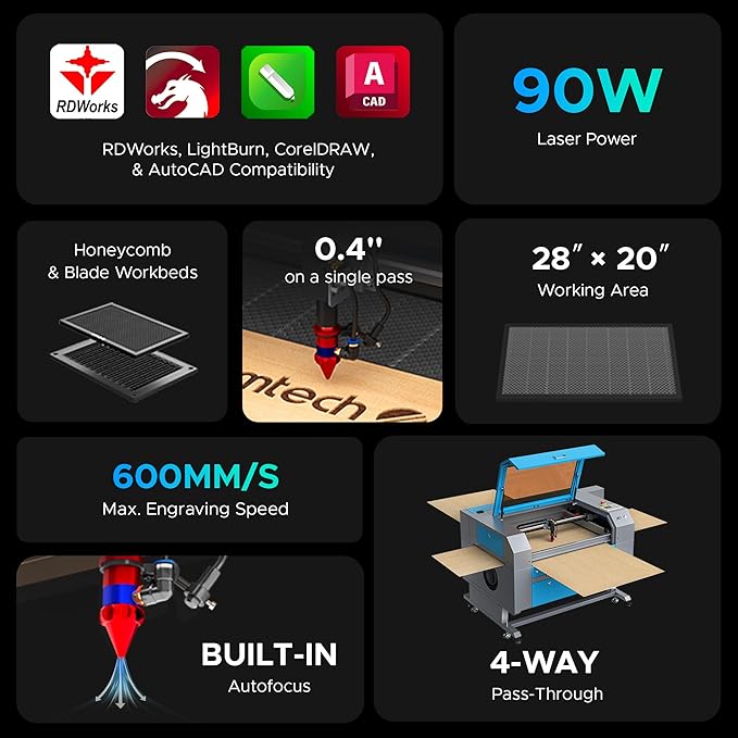 OMTech 90W CO2 Laser Engraver with Water Chiller, 28"x20" Cutting & Engraving Machine with Autofocus, Air Assist, 4-Way Pass, Autolift, RDWorks, for Wood, Glass, Acrylic & More