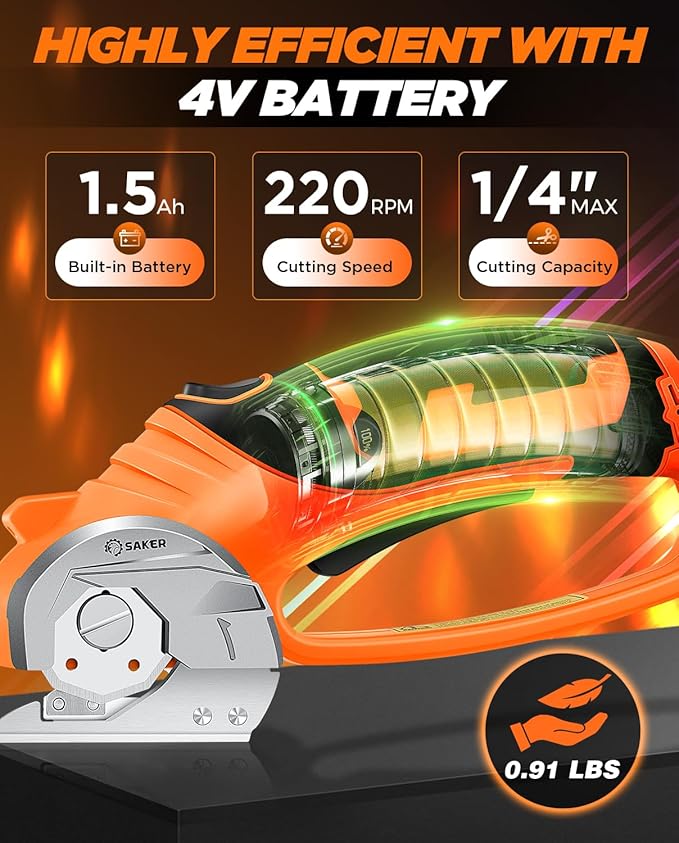 Saker Electric Box Cardboard Cutter,Cordless Elwetric Scissors for Fabric Leather Paper Plastic - Card Board Cutter Tool with 4V Recharged Battery - Safety Lock and LED Light for Cutting,Orange