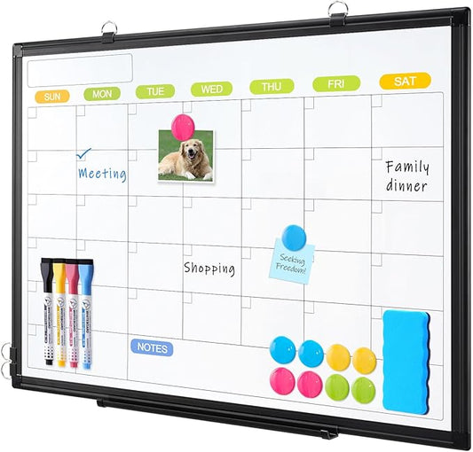 Dry Erase Calendar Whiteboard for Wall, WALGLASS 36" x 24" Magnetic White Board, Monthly Dry Erase Calendar with Silver Aluminum Frame, Double-Sided Hanging Portable Board for Office, Home, School