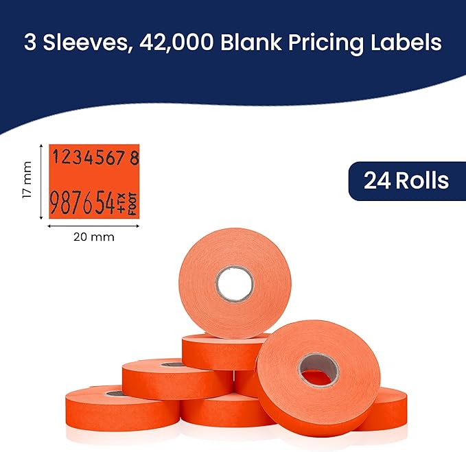Perco Fluorescent Red Pricing Labels for Monarch 1136 Price Gun – 3 Sleeves, 24 Rolls Value Pack - 42,000 Price Marking Labels – with Ink Rolls Included