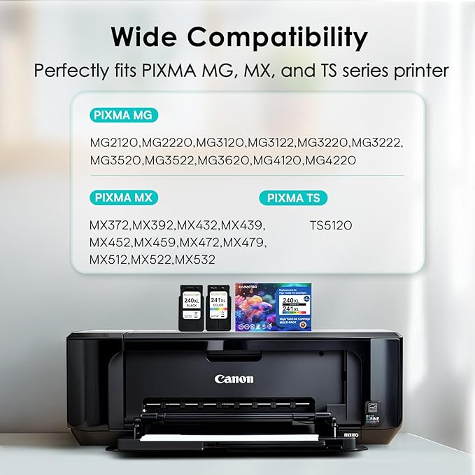 Remanufactured Ink Cartridge Replacement for Canon 240XL 241XL Combo Pack PG240 CL241 for PIXMA MG3620 TS5120 MG3520 MG3220 MG2120 MG4220 MX392 MX452 MX522 Printer (Black Color, 2 Pack)