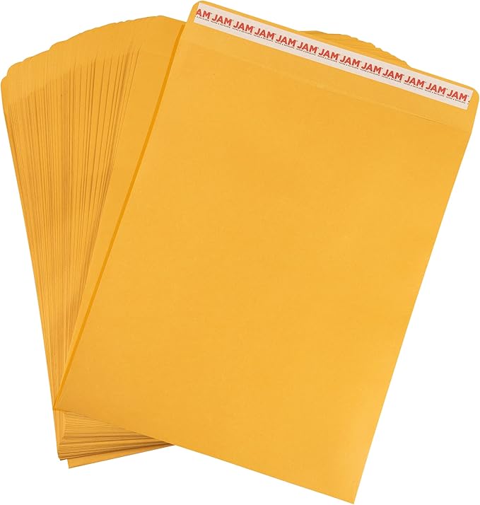 JAM PAPER 11 1/2 x 14 1/2 Open End Catalog Commercial Envelopes with Peel and Seal Closure - Brown Kraft Manila - 100/Pack