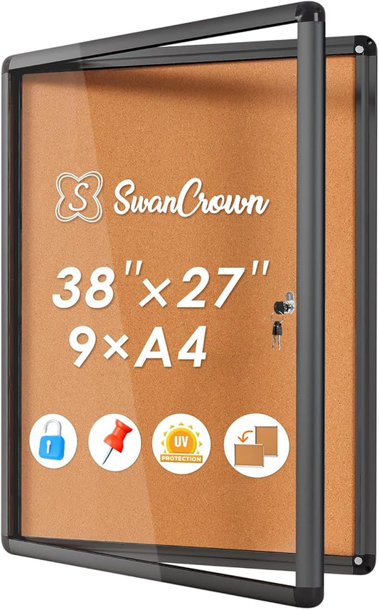 SWANCROWN Enclose Bulletin Board Case School Cork Noticeboards Cabinet with Locking Door and Keys,38x28 inch (9xA4)