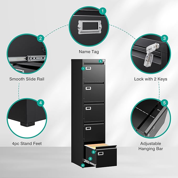 SISESOL 5 Drawer File Cabinet with Lock,15" Narrow Vertical File Cabinet Five drawer,Tall Office Filing Cabinets,Black Metal Filing Cabinets for Home Office,Fit A4,Legal,Letter Size,-Assembly Required
