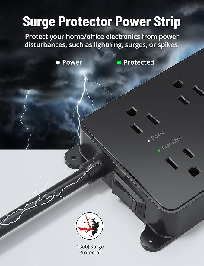 TROND Surge Protector Power Strip, 15ft Long Extension Cord, ETL Listed, 5 Widely Spaced AC Outlets, 2 USB A and 1 USB C, 1300J, Low-Profile Flat Plug, Wall Mountable, for Kitchen Office, Black