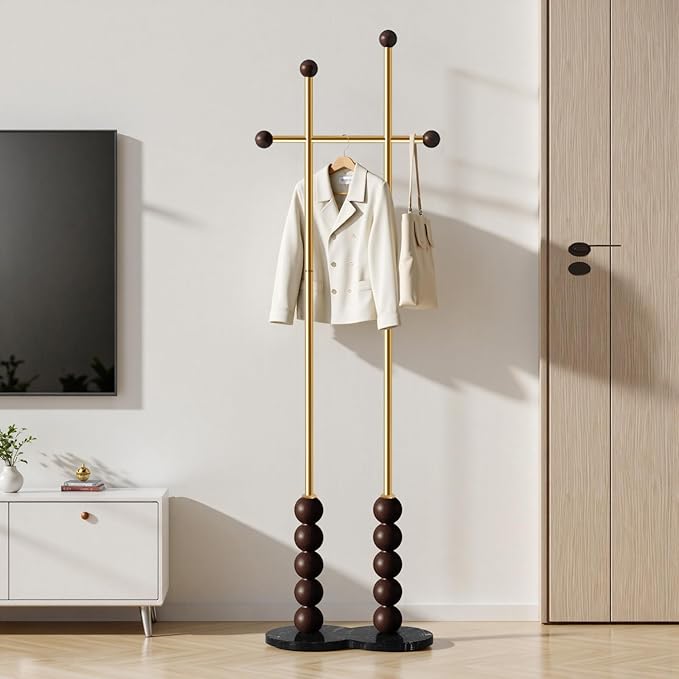 Metal Freestanding Coat Rack with Stainless Steel Double Rods & Marble Base, Hanging Clothes Rack for Entryway, Hallway, Bedroom, Living Room, Gold