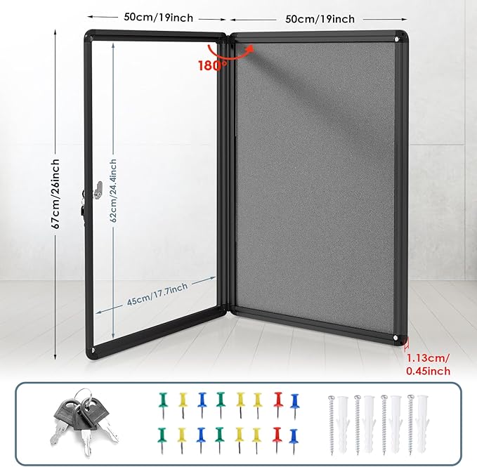 Enclosed Bulletin Board Lockable Display Case Message Board with Locking Door for Indoor, Grey Felt, Black Aluminum Frame, 26 X 20 in