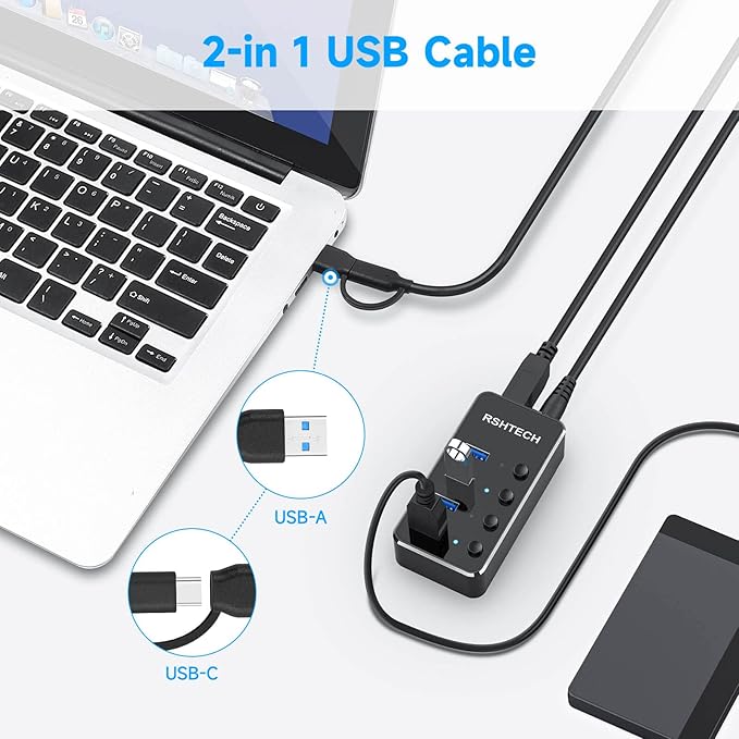 USB 3.0 Hub RSHTECH 4 Port Powered USB 3.0/USB C Hub Upgraded Version with 2-in-1 3.3ft USB Cable,5V Power Adapter and Individual Switches, Portable Aluminum USB Splitter for Laptop and PC, RSH-ST04