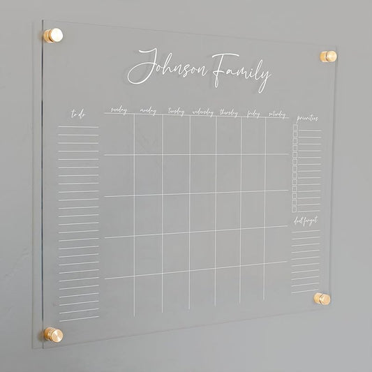 Personalized Clear Acrylic Calendar for Wall, Calendar Whiteboard for Wall, Dry Erase Wall Calendar, Wall Calendar Organizer System for Home (Cursive, White, 23"W x18.5"H)