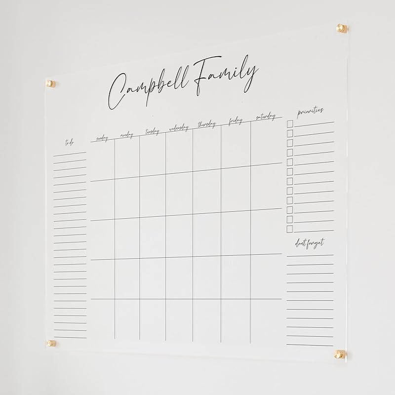 Personalized Clear Acrylic Calendar for Wall, Calendar Whiteboard for Wall, Dry Erase Wall Calendar, Wall Calendar Organizer System for Home (Cursive, Black, 47.5"W x 36"H)