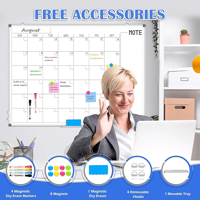 WALGLASS Dry Erase Calendar Whiteboard, 48" x 36" Monthly Large Dry Erase Calendar for Wall, Double-Sided Hanging White Board with Silver Aluminum Frame for Home, School, Office, Kitchen