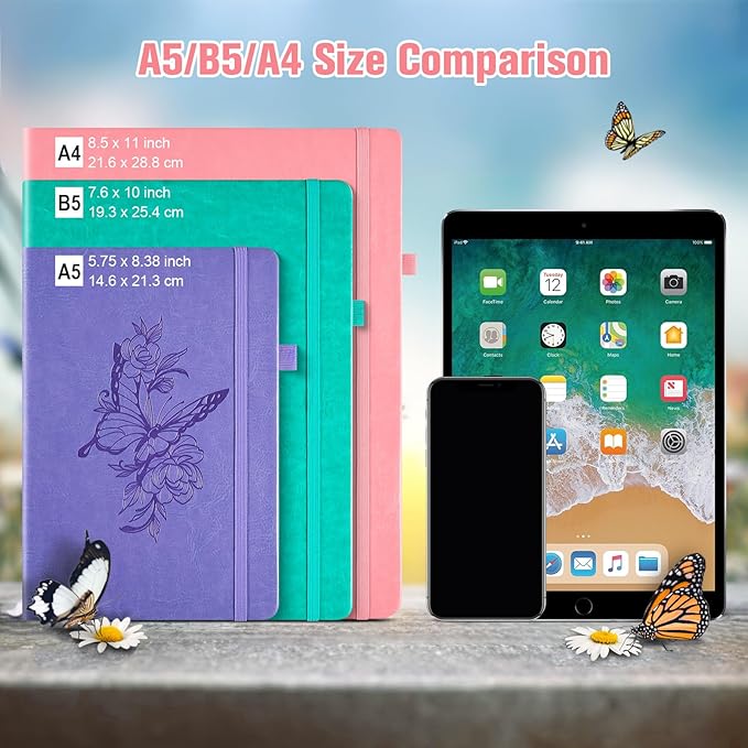 Lined Notebook Journal for Women, 312 Numbered Pages A5 Thick Leather Journal, 100gsm Paper Daily Journal for Work Travel, Hardcover College Ruled Notebook, Giftable Butterfly Floral Notebook, Pink