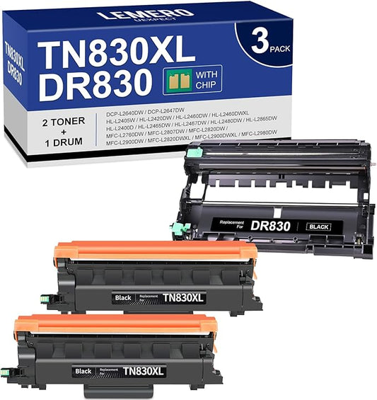 LEMERO UEXPECT Compatible TN830XL Toner Cartridge and DR830 Drum Unit Replacement for Brother TN830XL TN 830 DR830 for HL-L2460DW DCP-L2640DW HL-L2405W MFC-L2820DW Printer (2 Toners, 1 Drum Unit)