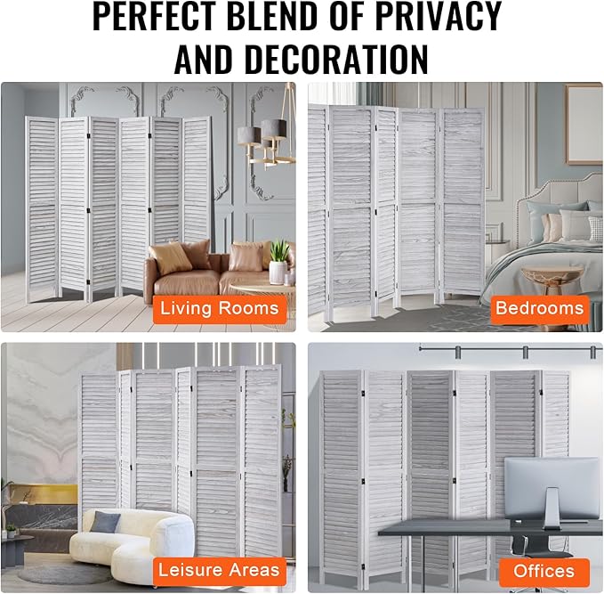 VEVOR Wood Room Divider, 6 Panel Wood Folding Privacy Screen, 66.9 Inches Tall Indoor Louvered Wooden Partition, Portable Decoration Screen, for Room Separation, Home, Office, Restaurant & Bedroom