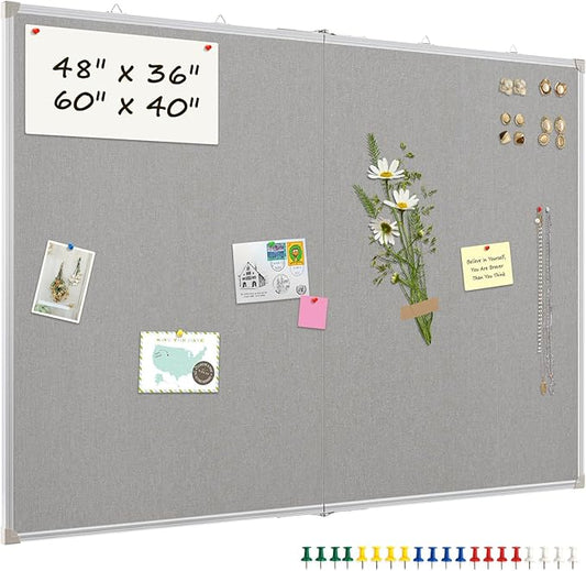 Double-Sided Large Cork Board with Linen, 48" x 36" Foldable Hanging Aluminum Framed Bulletin Board, Vision Board Pin Board Corkboards for Walls, Office, School Decor, 20 Pushpins