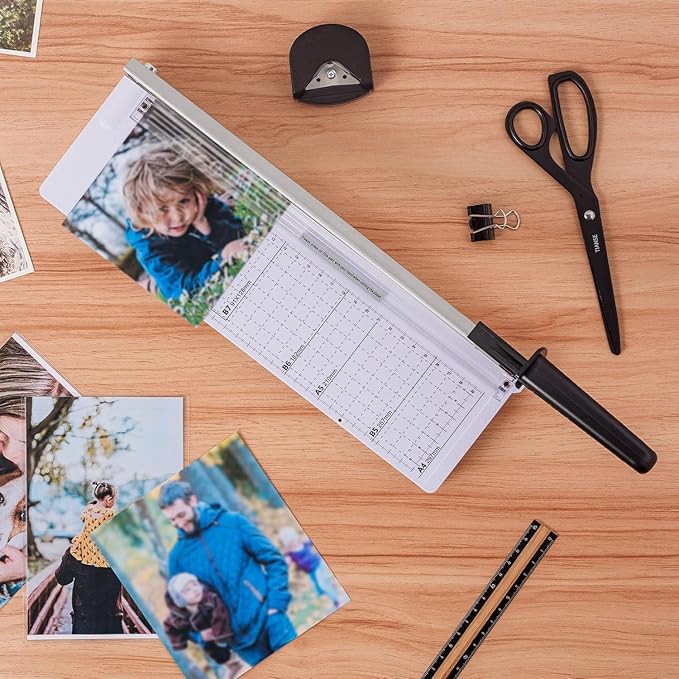 TIANSE Paper Trimmer 12” 8 to 12 Sheet Capacity Paper Cutter Guillotine with Safety Blade Lock Heavy Duty Plastic Base Paper Cutting Board for Home Office School White