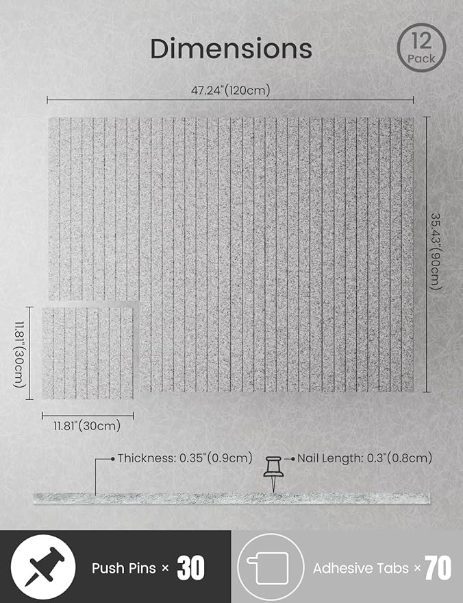 Bumusty Large Cork Board Alternative-47 x35 Felt Bulletin Board Tiles, with 30 Pushpins, 70 Adhesive Tabs, 12-Pack Slat Wall Paneling, Cork Boards for Office Push Pin Board Felt Board-Marble Gray
