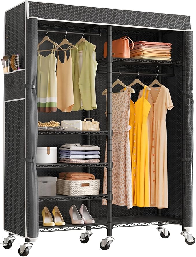 VIPEK R4C Portable Closet Rolling Clothes Rack Heavy Duty Adjustable Wardrobe Metal Garment Racks with Lockable Wheels Black Clothing Rack with Black Upgraded Polyester Cover, Max Load 620lbs