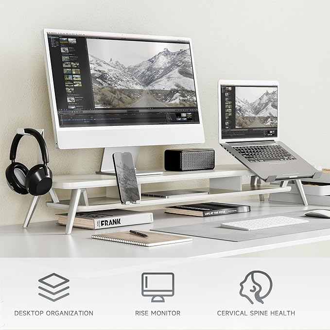 Fenge Dual Monitor Stand, Monitor Riser for 2 Monitors with Adjustable Laptop Riser , 42.5 Inch Desk Shelf for Top of Desk with Phone Holder& Headphone Stand