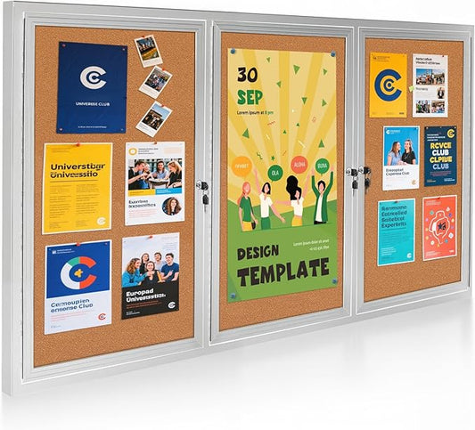 Lockable Outdoor Enclosed Bulletin Board, Weatherproof Cork Noticeboard with Locking Door, Wall-Mounted Aluminum Silver Framed Display Case for Messages,70x36 Inch