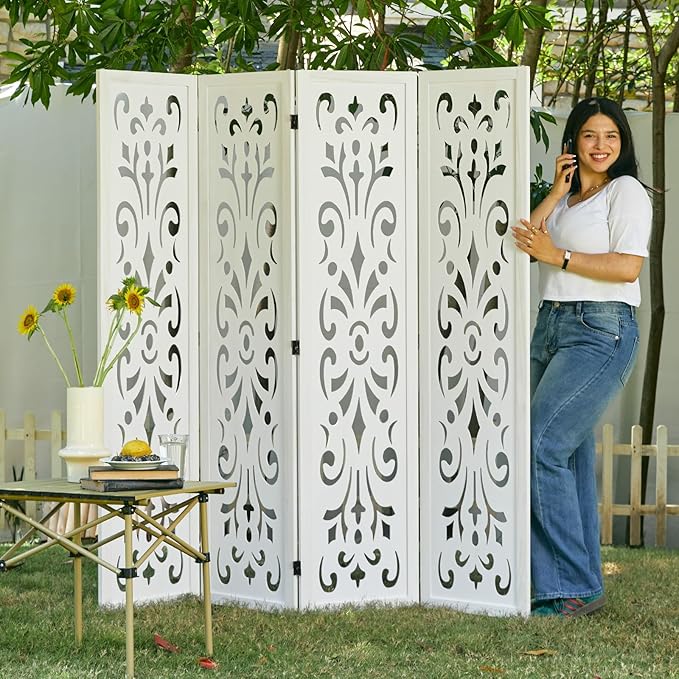 5.6Ft Room Divider Folding Wood Classical Carved Partition Screen for Home Office Garden - 4 Panels (White)