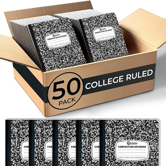 50 Pack Bulk Composition Notebooks College Ruled, 200 Pages (100 Sheets), 9-3/4 x 7-1/2, Black Marble Hard Cover, Bulk School Supplies, Bulk Notebooks for School, Bulk College Ruled Notebook
