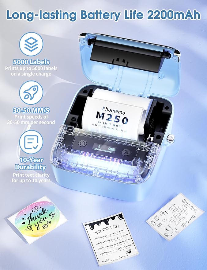 Phomemo M250 Label Maker, 3" Thermal Barcode & Address Printer - Portable Label Maker for Business, Home & Logos, Sticker Printer Compatible with Phones & PCs, with 100 Labels, 40x30mm