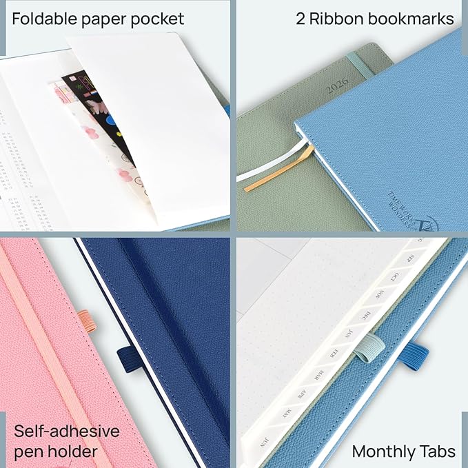 POPRUN Weekly Planner 2026 Calendar (Large 8.5" x 10.5") 12 Months Notebook with Horizontal Layout, Leather Hardcover, Inner Pocket, 100GSM Thick Paper, Pen Holder - Army Green