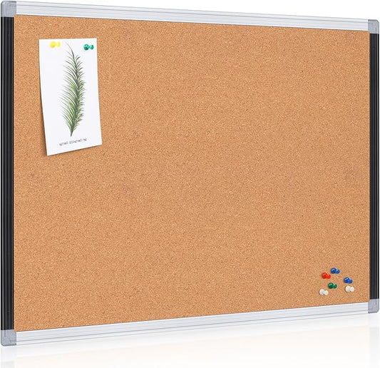 Board2by Cork Board Bulletin Board 24" x 36", Black/Silver Aluminium Framed Corkboard, Office Board for Wall Decor, Large Wall Mounted Notice Pin Board with 18 Push Pins for School, Home & Office
