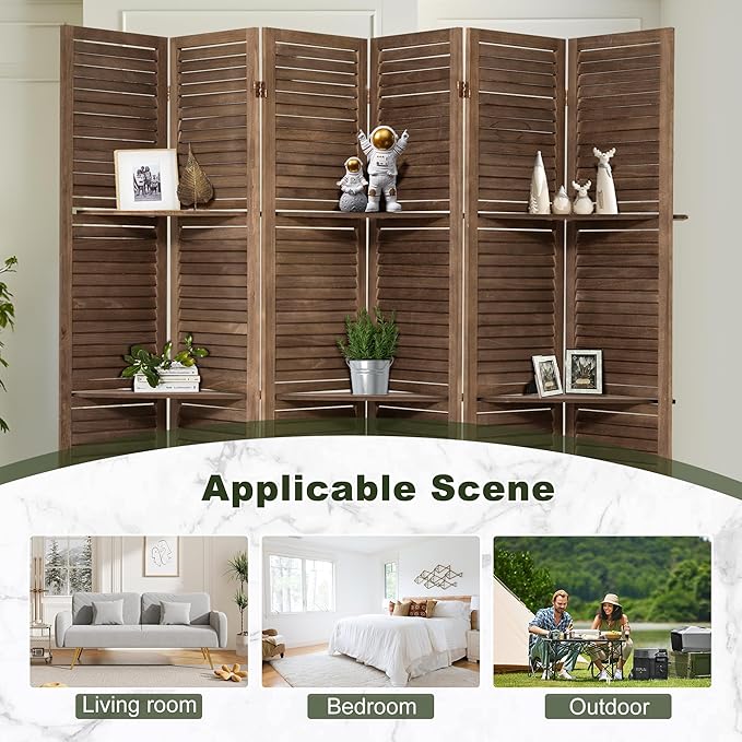 NicBex 6 Panel Room Divider,5.6FT Wood Carved Room Dividers with Display Shelves Folding Privacy Screens Portable Freestanding Partition Wall Dividers for Room Separation, Bedroom Office,Dark Brown