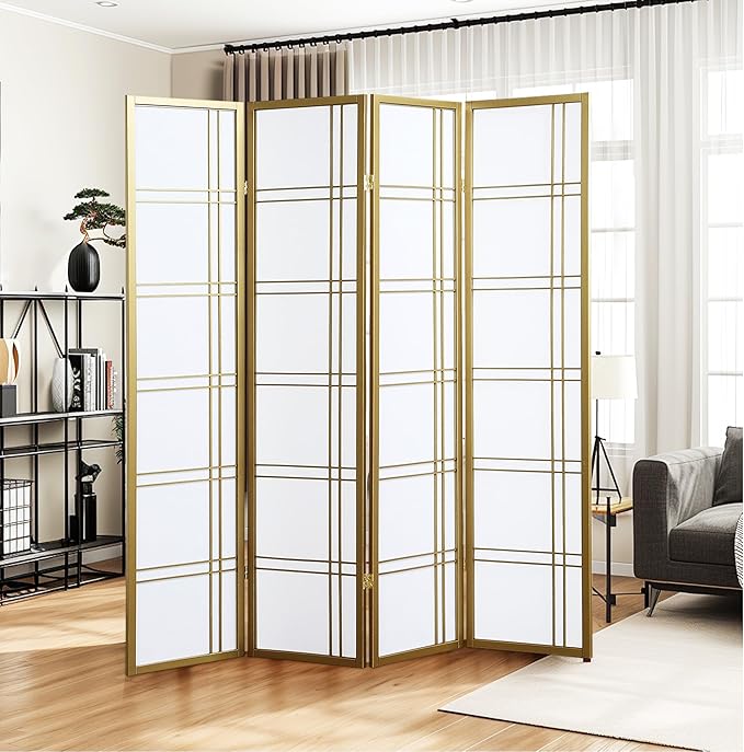 NicBex Room Divider 4 Panel Room Dividers with Paper-Looking Partition Room Dividers and Folding Privacy Screens Wall Divider for Home, Office, Room Separation,72" W x 1" D x 70" H, White+Gold