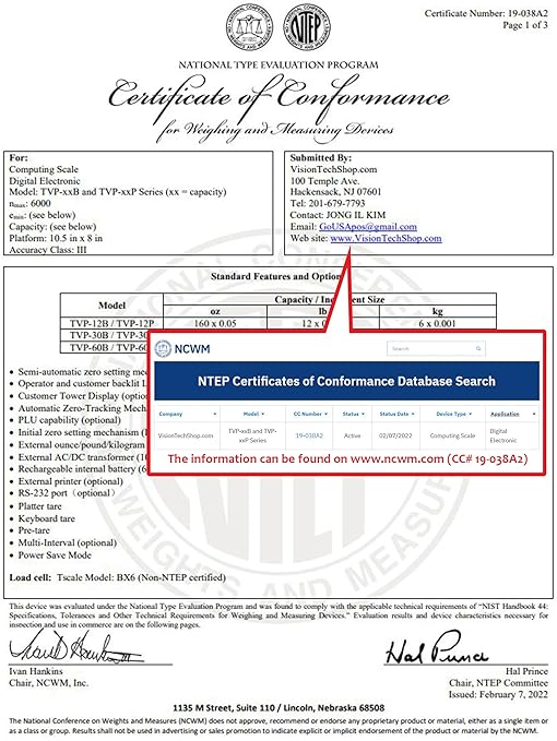 VisionTechShop TVP-60P Price Computing Scale with Pole Display, Lb/Oz/Kg, 60lb Capacity, 0.01lb Readability, NTEP Legal for Trade COC #19-038, NSF Certified