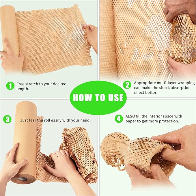 Honeycomb Packing Paper, MINHAO 15"x500' Eco Friendly Packing Paper for Moving Recyclable Honeycomb Paper Moving Supplies Bubble Paper Wrapping Protective Roll, With 36 Fragile Sticker Labels