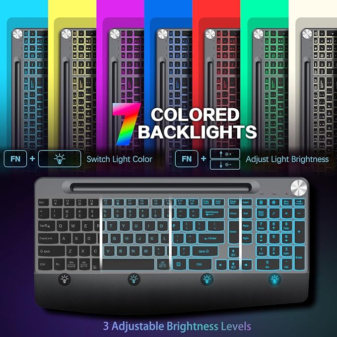 Backlit Keyboard and Mouse Combo, 7 Colors Wireless Keyboard Ergonomic with Wrist Rest and Volume Knob,Phone Holder,Rechargeable with Light Up Keyboard for Laptop, PC, Mac, Windows -Black