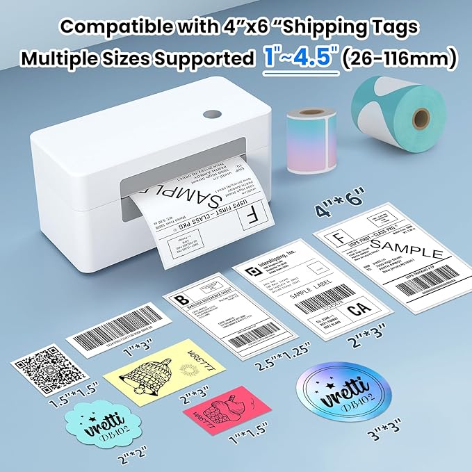 vretti Bluetooth Shipping Label Printer - 4x6 Thermal Printer for Shipping Packages and Small Businesses, Label Printer Supports Android/iPhone/Windows, Compatible with Shopify, Ebay, USPS, Amazon