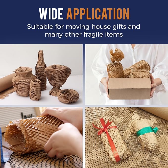 Honeycomb Packing Paper 15" x 200ft with Rope & 20 Fragile Stickers|Shipping & Moving Supplies|Small Business Packaging Supplies|Eco Friendly Bubble Wrap Packing Boxes for Moving Certified FSC C204227