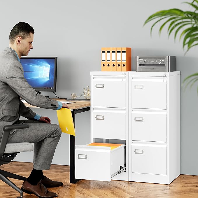 SISESOL 3 Drawer File Cabinet with Lock and Tag,Narrow Three Drawer Filing Cabinet,Vertical Metal File Cabinets,White Filing Cabinets for Home Office Fit Letter/A4/Legal Size File,Easy Assembly