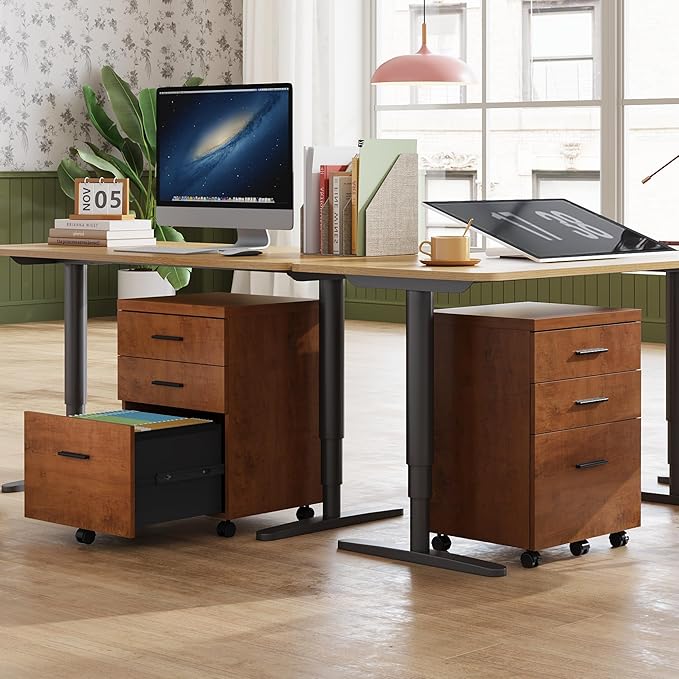 DEVAISE 3 Drawer File Cabinet for Home Office, Wood Under Desk Filing Cabinet, Rolling Printer Stand with Wheels, Walnut