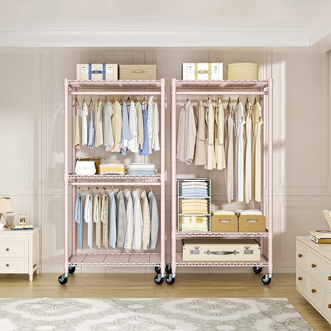 P1 Medium Heavy-Duty Portable Closet, 30" W x 14" D x 76" H, Metal Rolling Clothing Rack, Pink