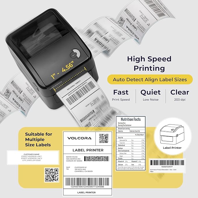 Volcora Thermal Label Printer with Ethernet/USB - Desktop 4x6 Shipping Label Printer, Compatible with Windows, Linux, Mac - Ideal for Small Business, Inkless Printer for Shipping Packages (Black)