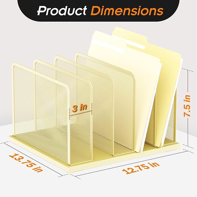 Kuntine.B Desk File Organizer Upright Mesh Desktop Organizer File Sorter Office Organization File Holder for Home, Office & Classroom (Gold, 1 Pack 5-Section)