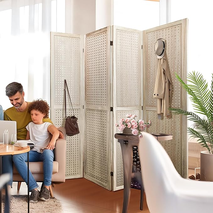 Room Divider, 5.6FT Folding Room Divider Panel, 4 Panel Pegboard Display Wood Partition Wall Divider for Room Separation& Craft Shows, Natural Wood