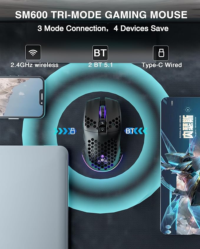 SM600 Honeycomb Shell Gaming Mouse Wireless,8000 DPI Tri-Modes BT5.1/2.4G Wireless/Type-C Wired Gamer Mouse with 2 Side Buttons, Macro Programmable and RGB Light for PC/Mac/Laptop,Black