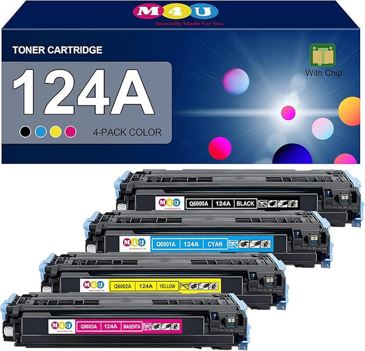 124A Toner Cartridges 4 Pack(with Chip) Remanufactured Compatible for 124A Q6000A Q6001A Q6002A Q6003A 124A Toner use for Color 2600n 1600 2605 1015 1017 Series Printer(Black Cyan Magenta Yellow)