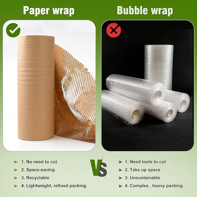 Honeycomb Packing Paper 12" Width X 400 FT for Moving Glass Dishes Recyclable Wrapping Paper Bubble Wrap Packing Material for Shipping Fragile Items Shipping Filler with 20 Fragile Stickers