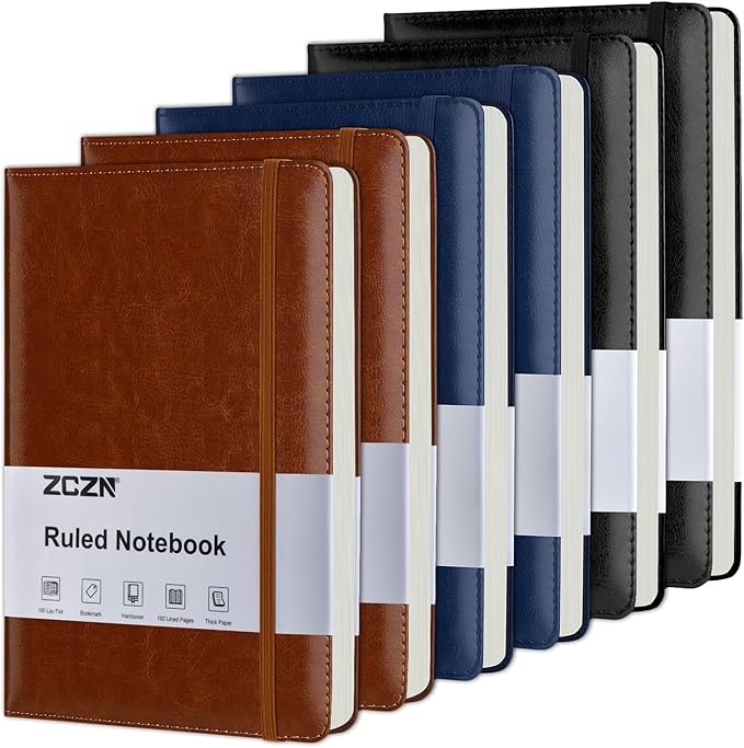 ZCZN 6 Pack Lined Journal Notebooks, 192 Pages A5 Hardcover Leather Journals for Work,Writing,School & Travel, College Ruled Journaling Notebooks for Notes Taking,Diary Journal (Black+Brown+Blue)*2