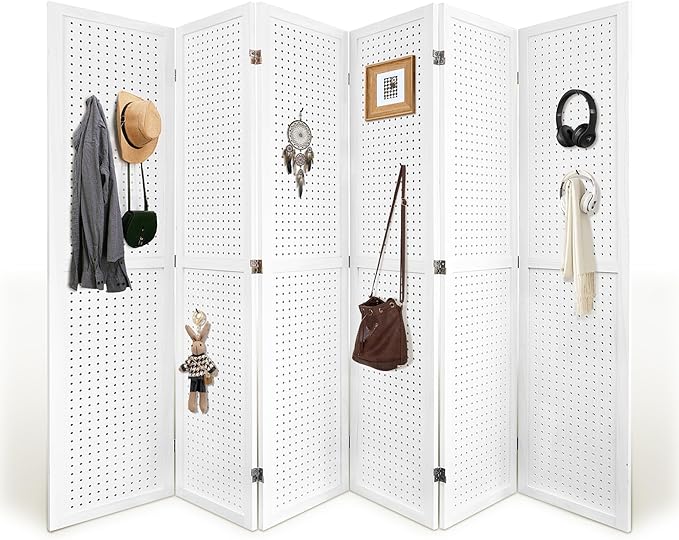 Room Divider, 5.6FT Folding Room Divider Panel, 6 Panel Pegboard Display Wood Partition Wall Divider for Room Separation& Craft Shows, White