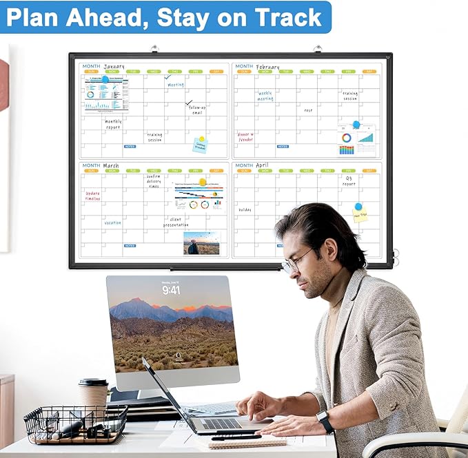 Dry Erase Calendar For Wall 4 Month, WALGLASS 36" x 24" Large Double-sided White Board Calendar, Dry Erase Monthly Planner Board, Black Aluminum Frame Hanging Wall Mounted Board for Office Home School