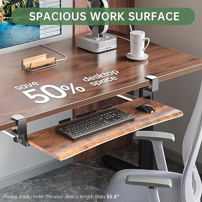 Extra Large Keyboard Tray Under Desk - Slide Out with Sturdy C-Clip Mount System, 31.5" (35.8" Including Clamps) x 11.8" Put-Out Keyboard Tray Computer Drawer, Rustic Vintage Brown
